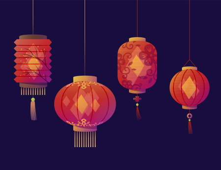Beautiful lanterns collection with pattern design. Suitable for Chinese new year, Lantern Festival and Mid Autumn Festival decorationのイラスト素材