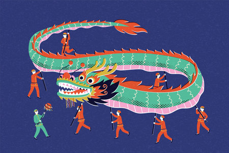 Pop art dragon dance performance parade. Isolated on dark blue backgroundのイラスト素材