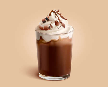 Homemade hot chocolate with cream and topping. 3d drink element isolated on beige backgroundのイラスト素材
