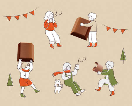 Hand drawn illustration of miniature people in winter outfits enjoying 3d chocolate block. Winter hygge conceptのイラスト素材