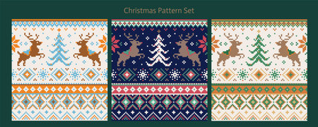 Retro lovely pixel art Merry Xmas pattern set with reindeer, tree, poinsettia and geometric elementsのイラスト素材