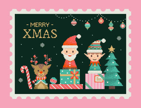 Lovely Merry Christmas stamp in pixel art with Santa Claus, elf and reindeerのイラスト素材