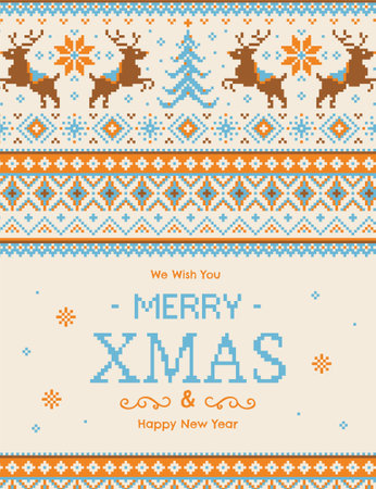 Vintage reindeer and tree pixel art Merry Xmas greeting poster in beige colorのイラスト素材