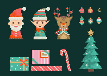 Retro and cute Merry Christmas holiday elements pixel art collectionのイラスト素材