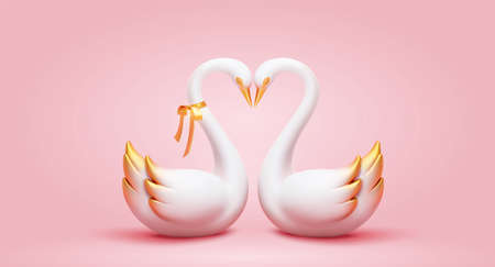 3d elegant white swan couple with golden painting on wings and tails. Valentine's Day elements isolated on pink backgroundのイラスト素材