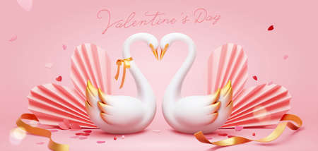 3d pink Valentine's Day banner template with swan couple and folded paper heart shapeのイラスト素材