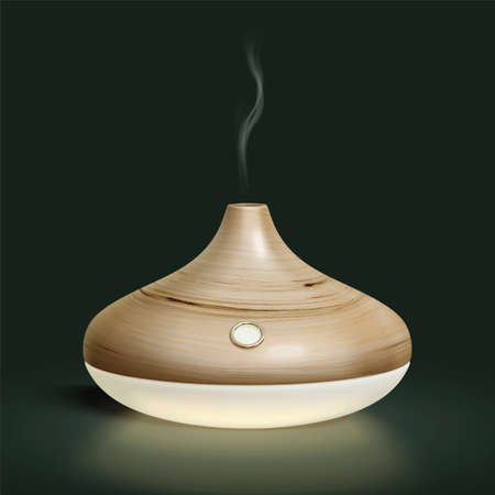 3d illustration of wooden mountain shape essential oil diffuser, air humidifier. Organic and natural aroma spa concept. Isolated on dark green background.のイラスト素材