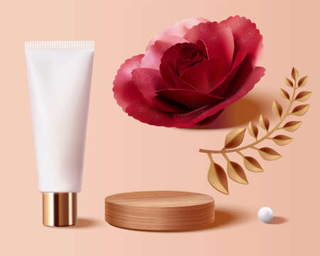3d illustration of elements for cosmetic product ads, including paper rose, gold leaf, wooden stage, pearl and plastic tube.のイラスト素材