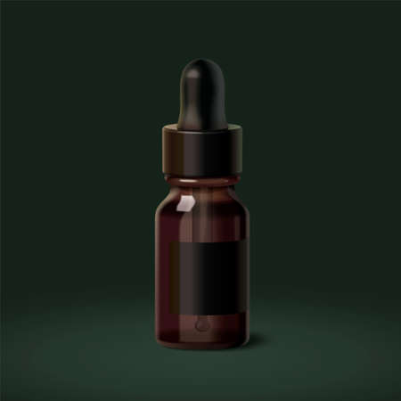 3d illustration of brown glass dropper bottle. Cosmetic or medical container element isolated on dark green background.のイラスト素材