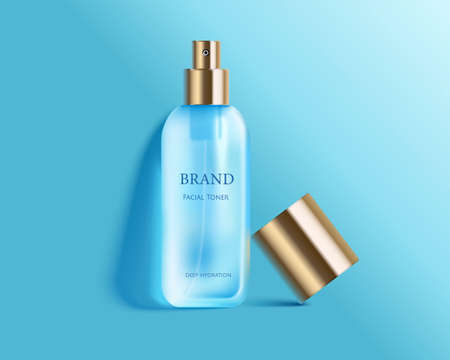 Facial toner mockup, blue glass spray bottle with golden cap isolated on blue background in 3d illustrationのイラスト素材
