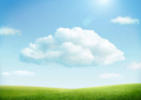 3d grass field with beautiful large clouds floating on the sunny blue sky. Suitable for farm or organic product display.のイラスト素材