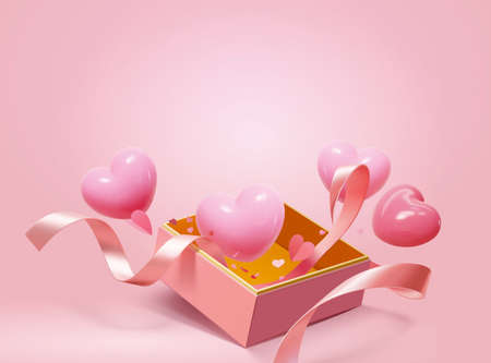 3d heart shape balloons and ribbons popping out of gift box. Valentine's Day or Mother's Day elements isolated on pink backgroundのイラスト素材