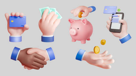 3d businessman hand gesture collection, including credit card, cash, piggy bank, online payments,...