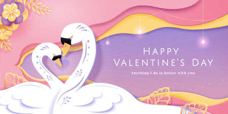 3d happy Valentine's Day paper art banner template. Two swans forming a heart shape with their necks. Romantic soulmate concept.のイラスト素材
