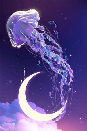 3d surreal marine fantasy design. Jellyfish flying in the night sky with cloud and glowing crescent moon in the back.の写真素材