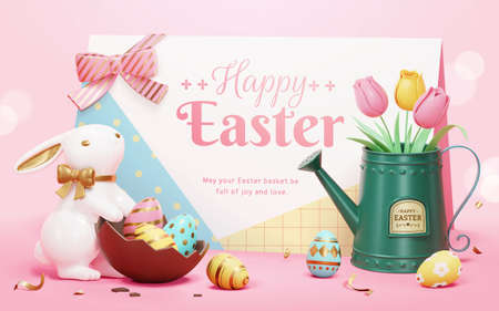 Cute cartoon Easter greeting banner. 3d composition of large greeting card, tulips in watering pot, and cute porcelain rabbit decoration.のイラスト素材