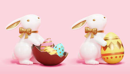 3d porcelain white rabbit decoration collection. Easter holiday decor elements isolated on pink...