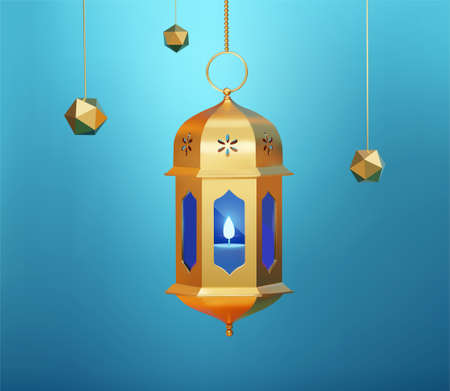 3d Islamic fanoos lantern with polyhedron shapes. Islam decor elements isolated on blue background. Suitable for Ramadan decoration.のイラスト素材