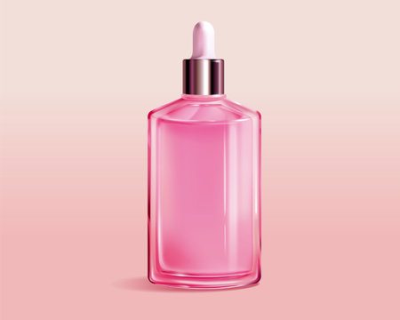 3d illustration of cosmetic container. Pink glass dropper bottle isolated on pink background.のイラスト素材