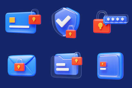 Set of 3d geometric security icons with padlocks, including credit card, defense software, pin code, email lock, encrypted folder and safe box.の写真素材