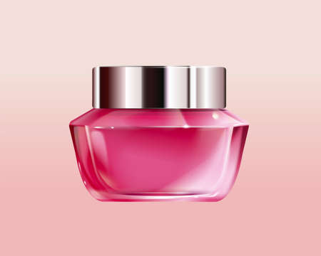 Realistic glass cosmetic jar mock-up isolated on pink background. Facial care product package in 3d illustration.のイラスト素材