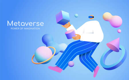A young man with goggle floating among 3d pastel gradient shapes. Concept of surealism, gaming,...