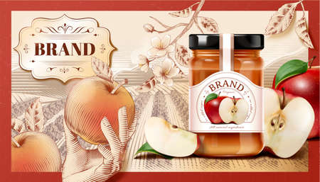 Vintage handmade apple jam ad template. 3d glass jar and fruit with a hand holding a colorful apple and engraving farm field background.の写真素材