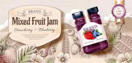 Handmade organic mixed fruit jam ad template. Blueberry and strawberry flavors. 3d glass jar on vintage engraving drawing of farm field landscape.の写真素材