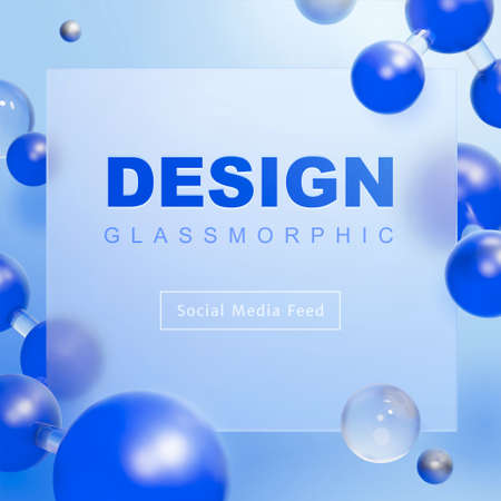 3d modern glassmorphism social media feed template with molecules and glass balls. Suitable for tech startup or science lab.のイラスト素材