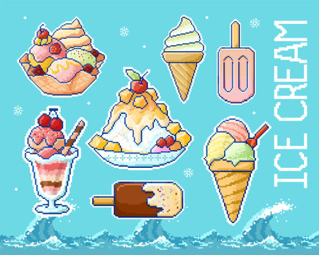 Retro pixel art of summer ice cream elements on blue sea wave backgroundのイラスト素材