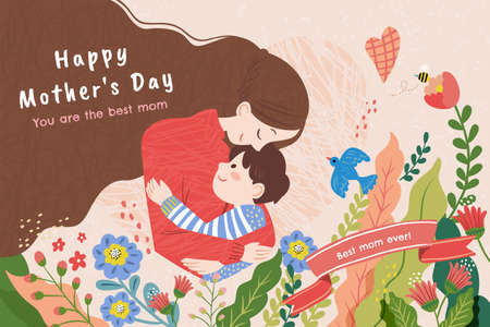 Mother's Day illustration in warm hand drawn style. Woman is hugging her son among colorful abundant flowers.のイラスト素材