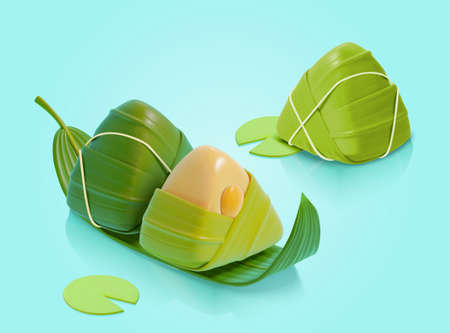 3d tasty zongi or rice dumplings on lotus or bamboo leaf. Duanwu Festival food elements isolated on aqua blue background.のイラスト素材