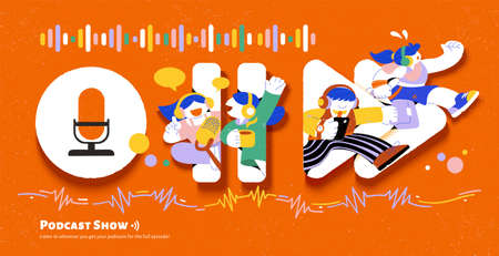 Flat style illustration of people listening to podcast with headphone in record, pause and forward button signs .のイラスト素材