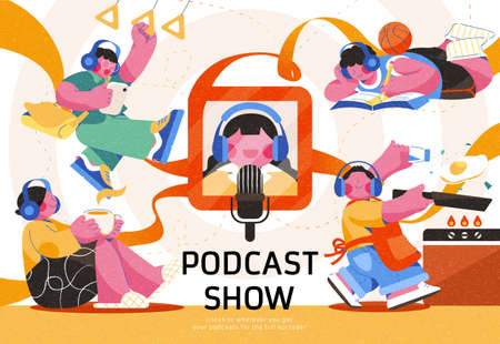 Audio program or online broadcasting illustration of people listening to podcast show while doing different activities, like traveling, studying, having coffee and cooking.のイラスト素材
