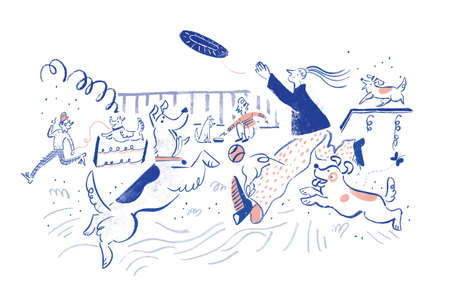 Hand drawn doodle illustration of people training their dogs and puppies in a city park.のイラスト素材