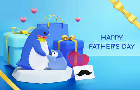 3D Father's day sales poster design. Illustration of penguin father and son on an iceberg with gifts behind on blue ice background. Concept of sending love and surprise to dadのイラスト素材