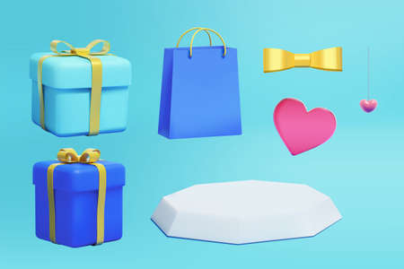 3D festive decoration elements. Illustration of two tied giftboxes, hanging heart, pink acrylic heart, and golden bow tie isolated on cyan backgroundのイラスト素材