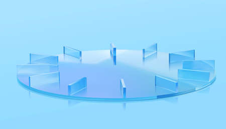 3d glass clock plate with geometric pointers made of clear blue glass, isolated on blue background. Suitable for product display.のイラスト素材
