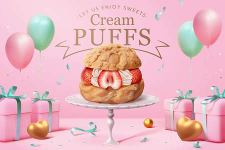 3d pink pastry dessert ad template. Strawberry cream puff displayed on white cake stand with balloons and gift boxes.のイラスト素材