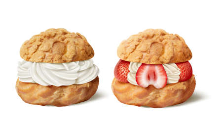 3d delicious cream puffs isolated on white background, one only with whipped custard and the other with fresh strawberries.の写真素材