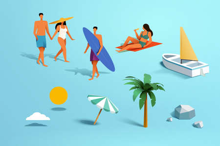 Element set of summer beach illustrations, including walking couple, man carrying surfboard, sunbathing woman, sailboat, cloud, sun, parasol, palm tree, and rocks isolated on blue background.のイラスト素材