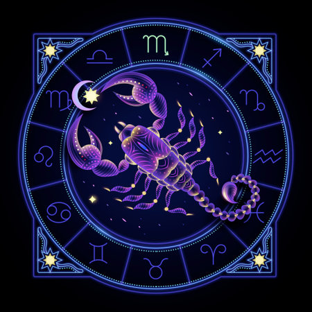 Scorpio zodiac sign represented by the scorpion. Neon horoscope symbol in circle with other astrology signs sets around.のイラスト素材