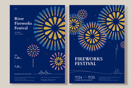 Fireworks Festival flyers template. Radial firework explosions in pointillism style with continuous line drawings at the bottomのイラスト素材