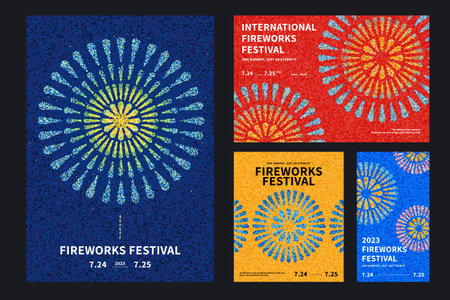 Fireworks Festival flyers template. Radial firework explosions in pointillism style on different color backgroundのイラスト素材