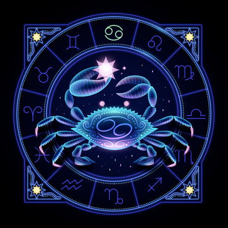 Cancer zodiac sign represented by a crab raising its chela. Neon horoscope symbol in circle with other astrology signs sets around.のイラスト素材