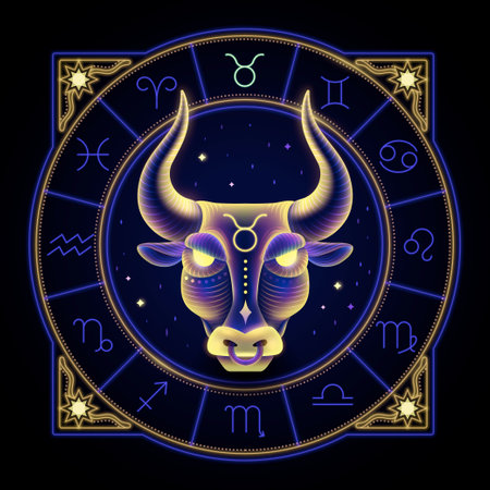 Taurus zodiac sign represented by the face of a bull. Neon horoscope symbol in circle with other astrology signs sets around.のイラスト素材
