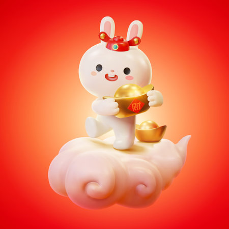 3D Illustration of chubby rabbit wearing God of Wealth's hat holding a gold ingot and lifting its right foot on a white somersault cloud. Text: Wealthのイラスト素材