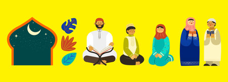 Illustration of Muslim Family members, leaf pattern, and Arabic arch door with stars and crescent. Elements of Ramadan Kareem isolated on yellow background.のイラスト素材