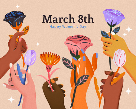 Illustration of hand drawn hands holding flowers for International Women's Day celebration on beige background.のイラスト素材