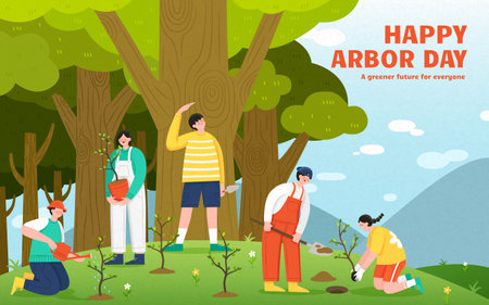 Illustration of teenagers planting and watering together on hills nearby the forest. Suitable for Arbor day and Earth day.のイラスト素材